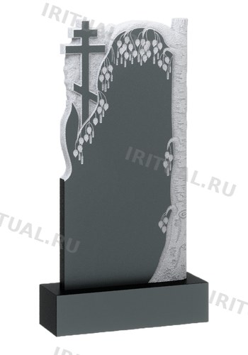 Памятник с берёзовым стволом справа и тёмным крестом (K388)